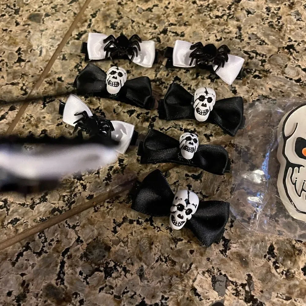 Skeleton and Spider Metal Hair Bows and Hallmark Skeleton Pin